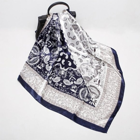 NEW Blue Ivory Paisley Floral Printed Square Silky Scarf Wrap - Picture 1 of 11